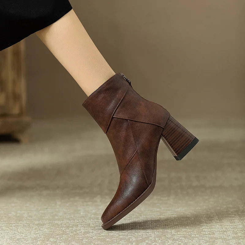 Women's Square Heel Ankle Boots Rear Zipper Retro Brown Soft Leather Short Boot Square Head Casual Sewing High Heel Women Shoes