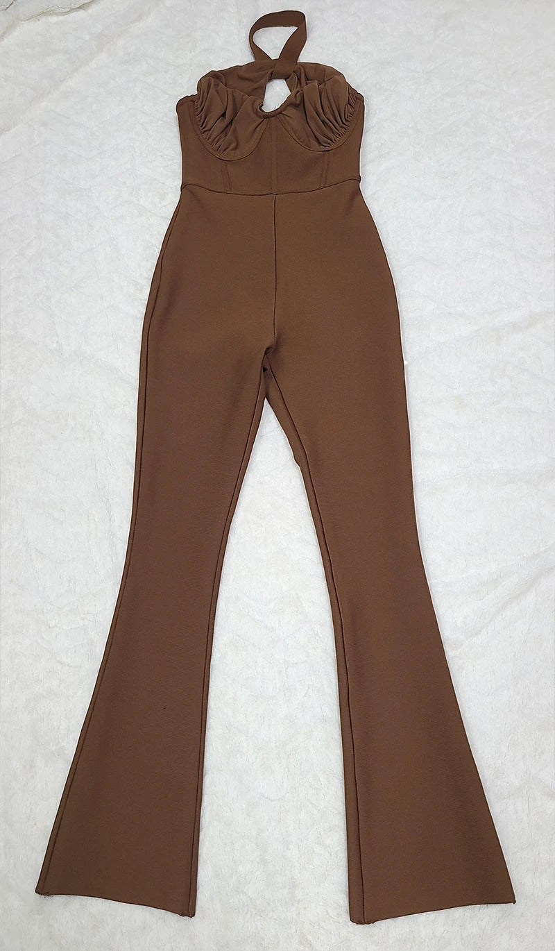 2023 New Sleeveless High Quality Fashion Stretch Wholesale Bandage Jumpsuit Women Long Bodysuit Brown Halter Sexy Backless