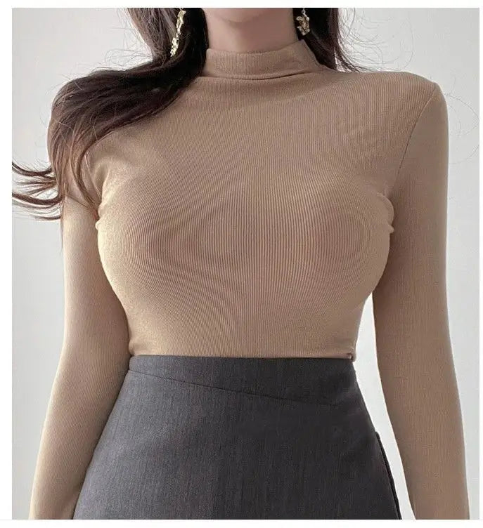 Autumn Woman Half Turtleneck Basic Solid Slim Fit Tee Female Bottoming Shirt Ladies Fashion Long Sleeve Tops Undershirt G159