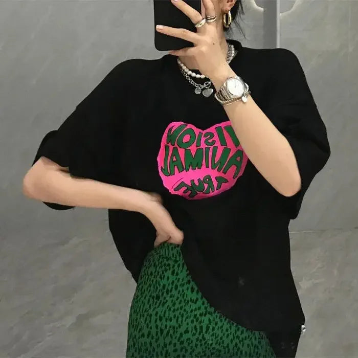 2023 Summer Loose Letters Girls Short-sleeved T-shirt Retro High-waisted Leopard Print Half-body Skirt Suit Two-piece Female Y2K