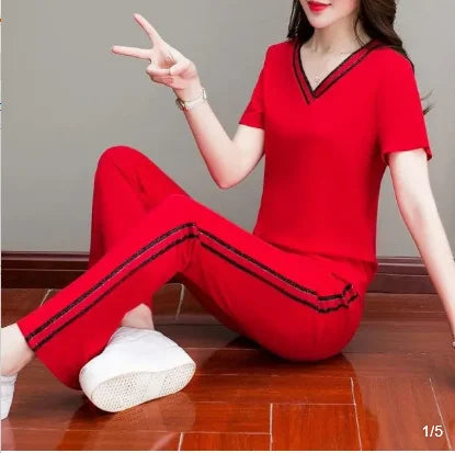 2022 new short sleeve V-neck T-shirt fashion casual wear two piece suit sports micro flared pants suit
