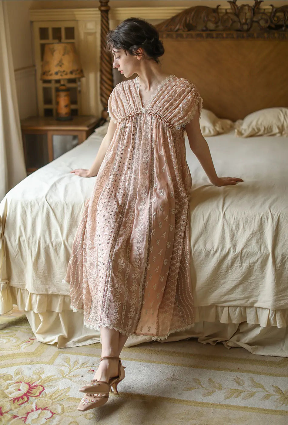 AIGYPTOS Spring Summer Women Pink Dress Vintage Elegant Slim Lace V-Neck Shiny Sequines Luxury Embroidery Party Birthday Dress