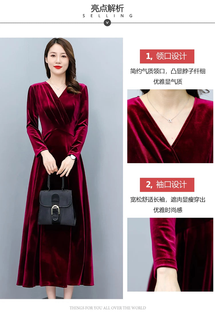 2024 Vintage Long Sleeve Women Sexy Midi Dresses Autumn Winter Velvet Thick Warm Dress Elegant Bodycon Party Night Maxi Vestidos