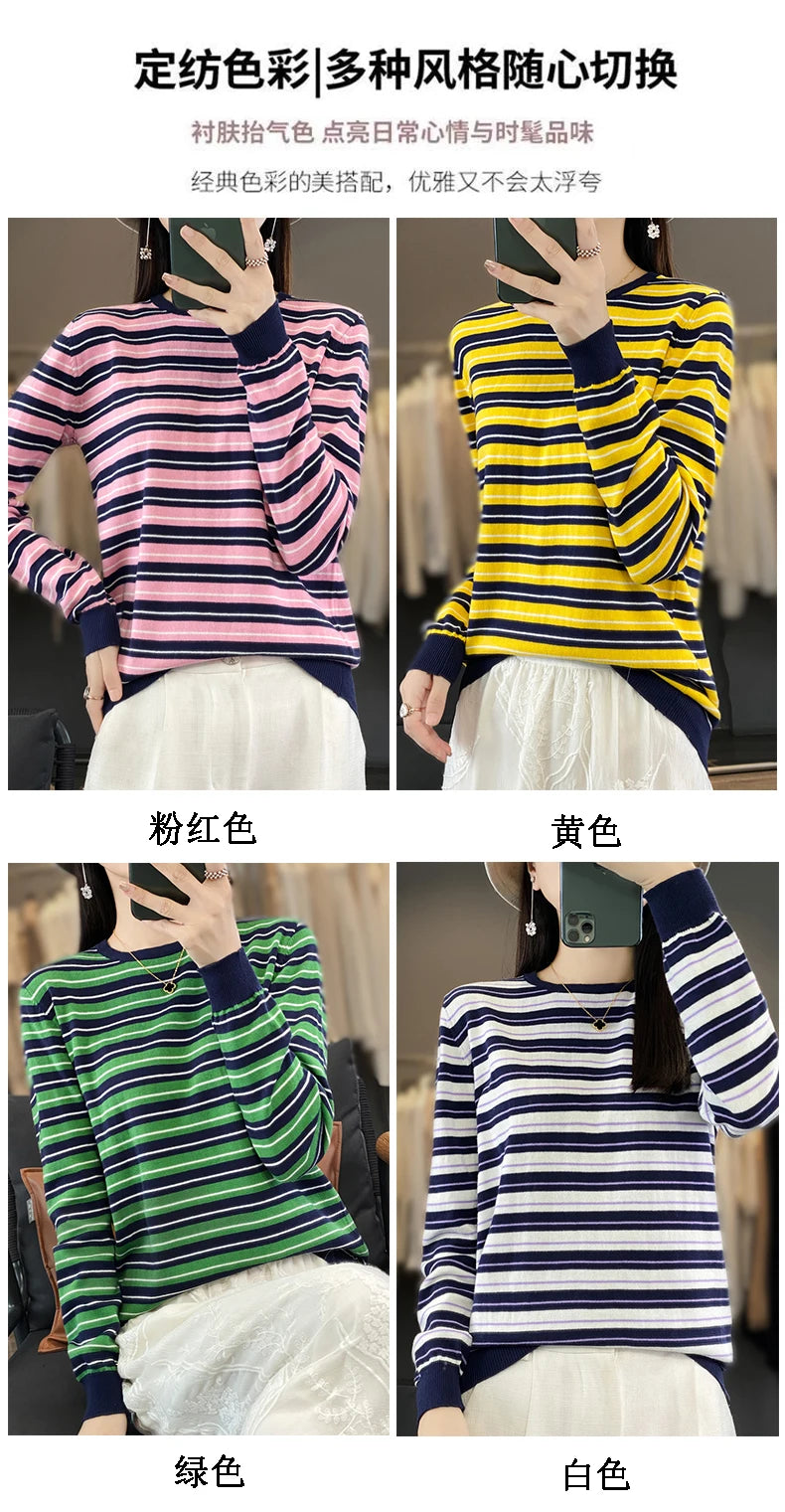 Autumn and Winter New 100% Cotton Striped Knitted Women's Round Neck Pullover Casual Fashion Sweater Loose Soft Women's Top
