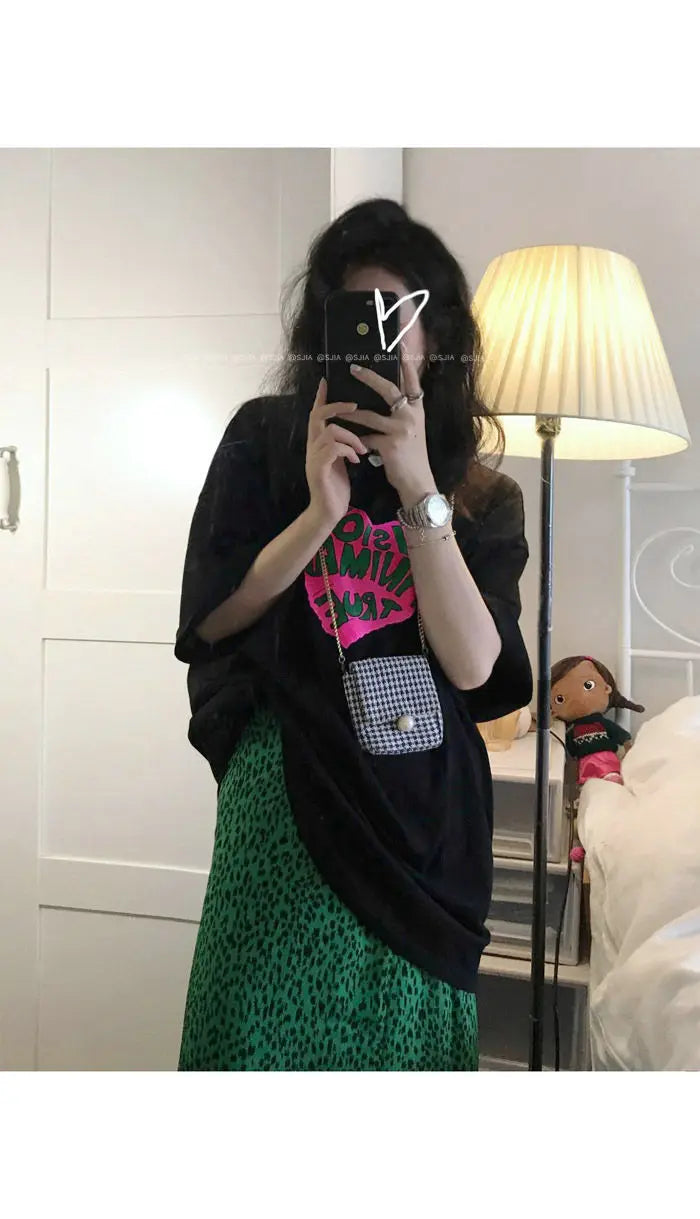 2023 Summer Loose Letters Girls Short-sleeved T-shirt Retro High-waisted Leopard Print Half-body Skirt Suit Two-piece Female Y2K