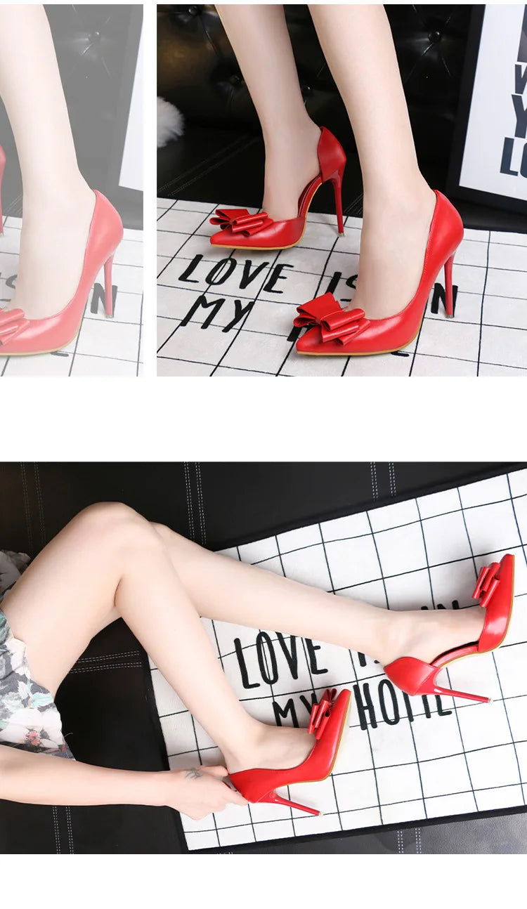 Korean Style Sweet Bow High Heels, Fashionable And Elegant Slim Heeled Women'S Shoes For The Office, Pointed  Sexy  Ladies Shoes