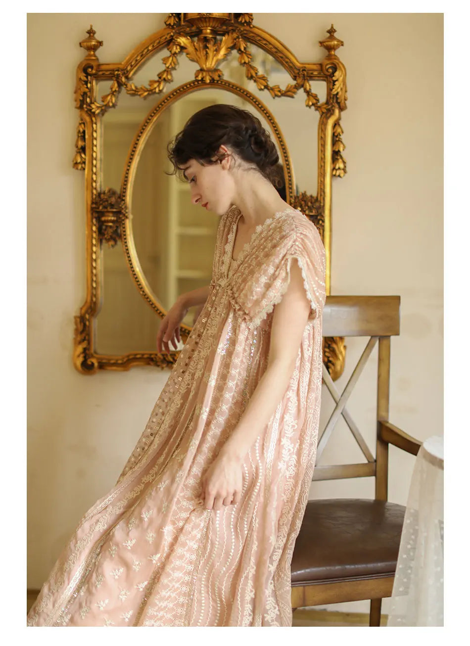 AIGYPTOS Spring Summer Women Pink Dress Vintage Elegant Slim Lace V-Neck Shiny Sequines Luxury Embroidery Party Birthday Dress