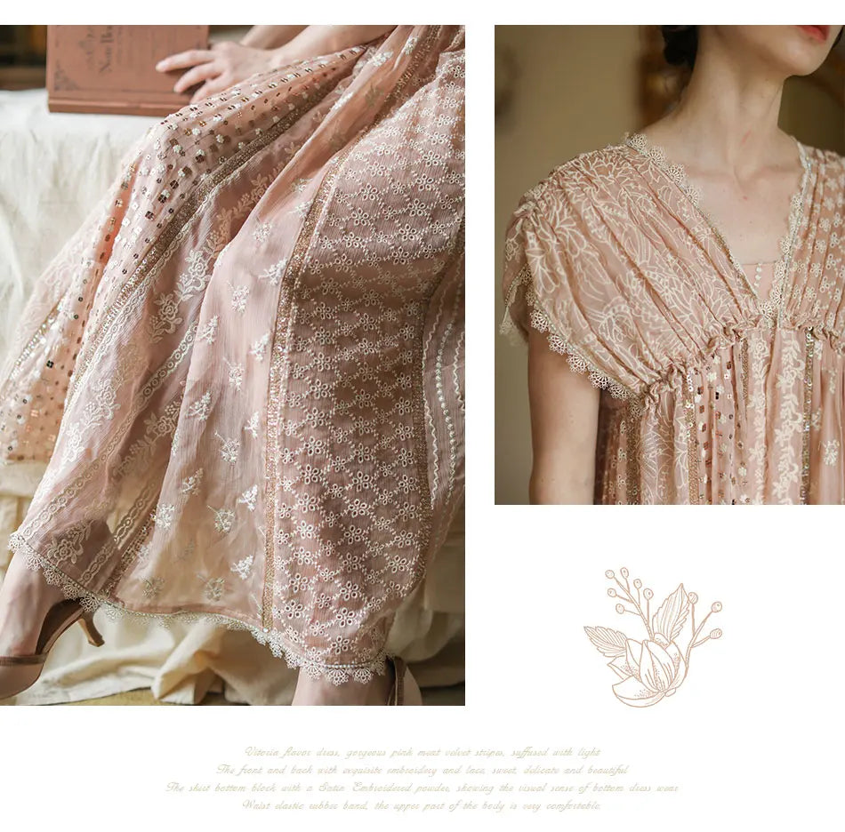 AIGYPTOS Spring Summer Women Pink Dress Vintage Elegant Slim Lace V-Neck Shiny Sequines Luxury Embroidery Party Birthday Dress