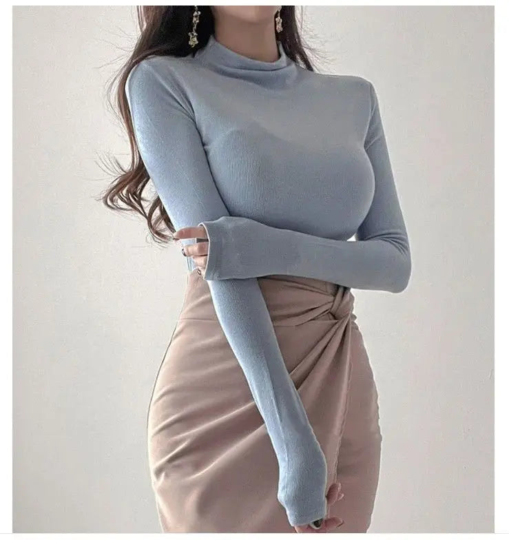 Autumn Woman Half Turtleneck Basic Solid Slim Fit Tee Female Bottoming Shirt Ladies Fashion Long Sleeve Tops Undershirt G159