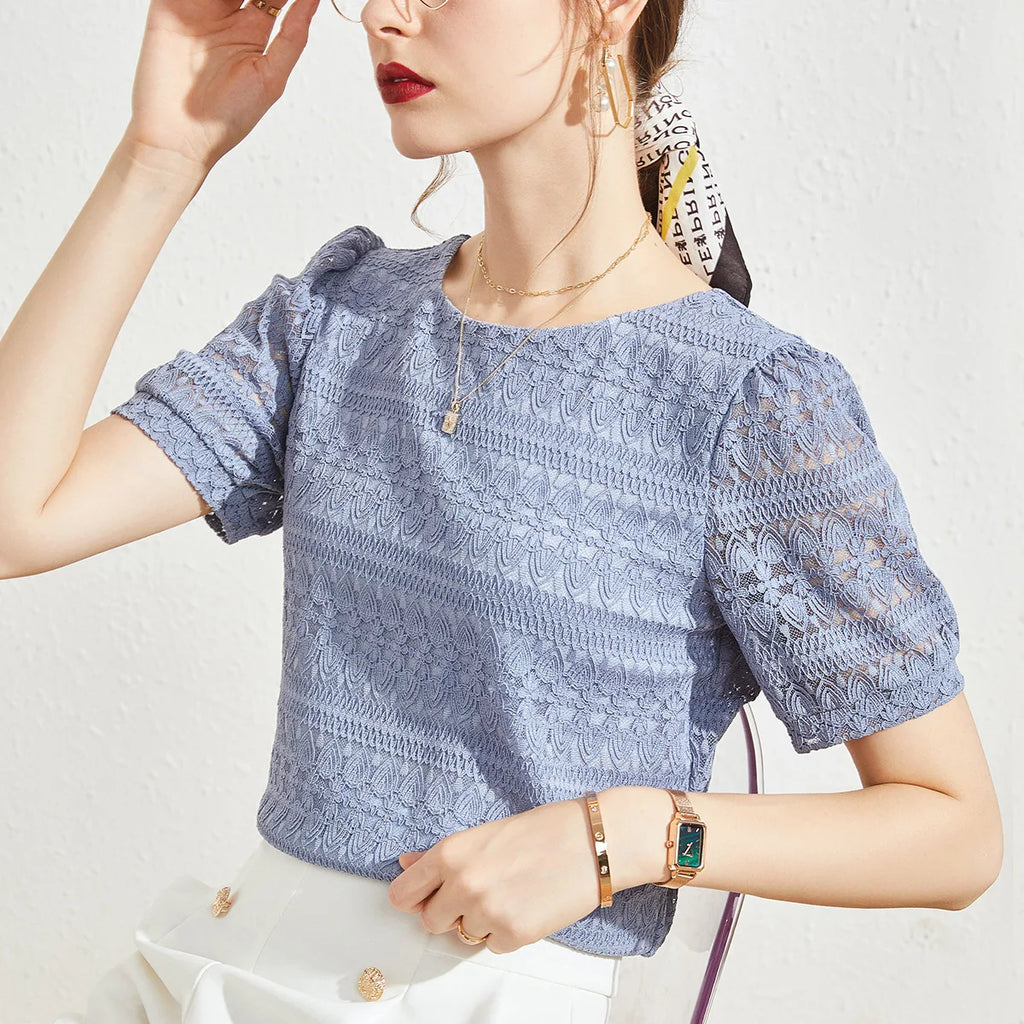2023 Summer New Style Lace Shirt Women's Western Style Small Shirt Women Short-sleeved French Puff Sleeve Round Neck Top Women