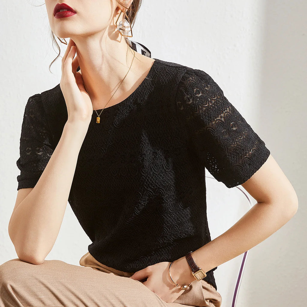 2023 Summer New Style Lace Shirt Women's Western Style Small Shirt Women Short-sleeved French Puff Sleeve Round Neck Top Women