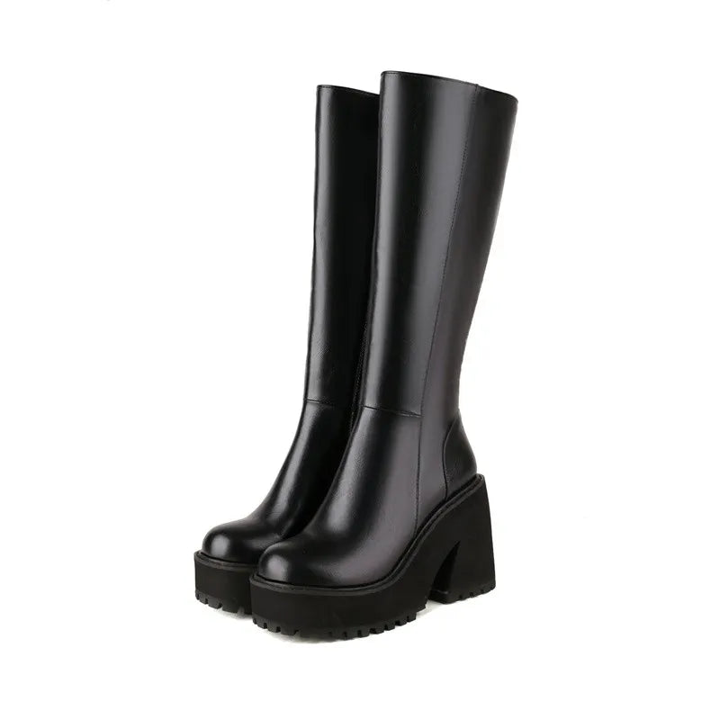 YMECHIC Fashion Popular Style Platform Wedges Knee High Boots for Lady Zip Punk Chunky Botas Goth Gothic Brand Shoes Women 2022