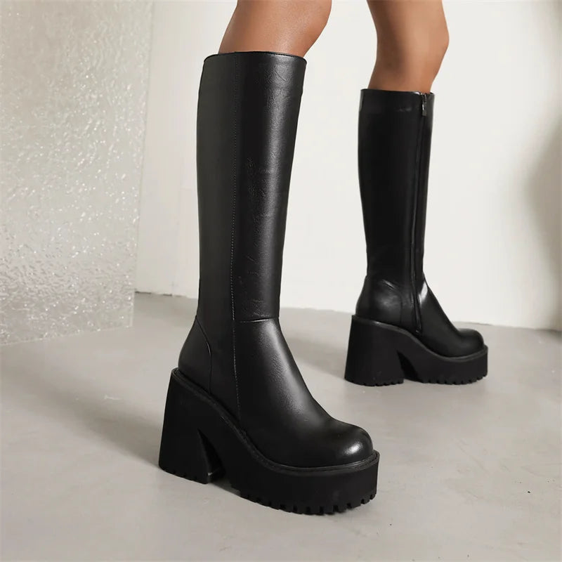 YMECHIC Fashion Popular Style Platform Wedges Knee High Boots for Lady Zip Punk Chunky Botas Goth Gothic Brand Shoes Women 2022