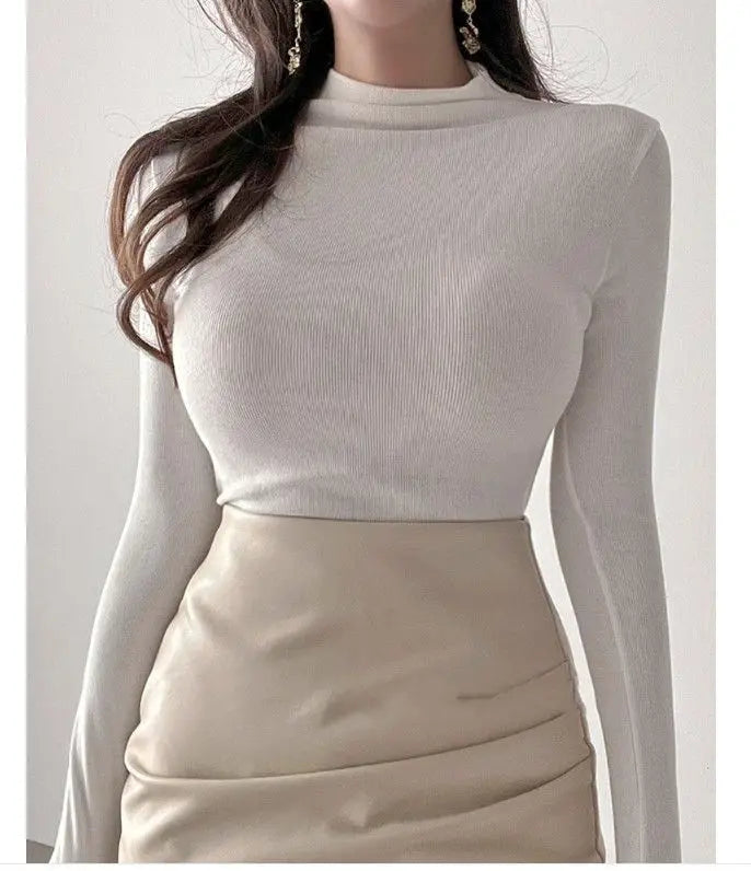 Autumn Woman Half Turtleneck Basic Solid Slim Fit Tee Female Bottoming Shirt Ladies Fashion Long Sleeve Tops Undershirt G159