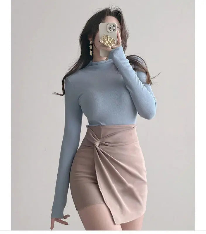 Autumn Woman Half Turtleneck Basic Solid Slim Fit Tee Female Bottoming Shirt Ladies Fashion Long Sleeve Tops Undershirt G159
