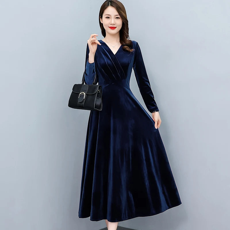 2024 Vintage Long Sleeve Women Sexy Midi Dresses Autumn Winter Velvet Thick Warm Dress Elegant Bodycon Party Night Maxi Vestidos