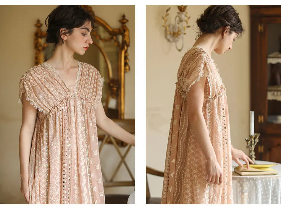 AIGYPTOS Spring Summer Women Pink Dress Vintage Elegant Slim Lace V-Neck Shiny Sequines Luxury Embroidery Party Birthday Dress