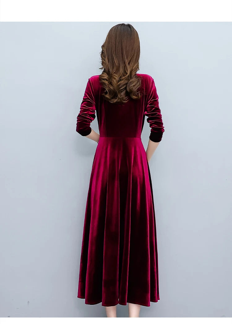 2024 Vintage Long Sleeve Women Sexy Midi Dresses Autumn Winter Velvet Thick Warm Dress Elegant Bodycon Party Night Maxi Vestidos