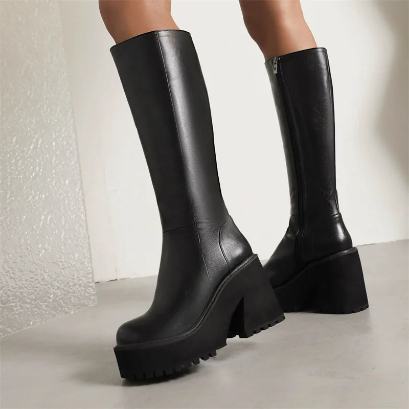 YMECHIC Fashion Popular Style Platform Wedges Knee High Boots for Lady Zip Punk Chunky Botas Goth Gothic Brand Shoes Women 2022