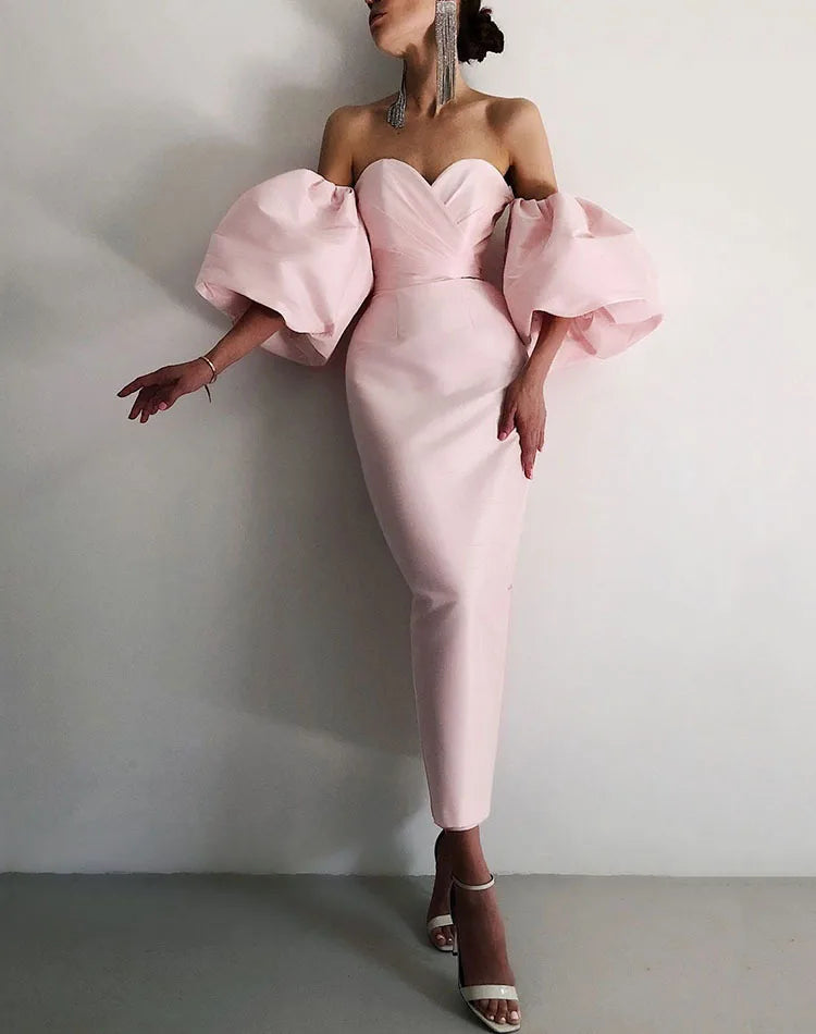 2022 New Women Fashion Off Shoulder Black Dress Sexy Lantern Sleeve Pink Club Celebrity Evening Designer Elegant Party Dresses