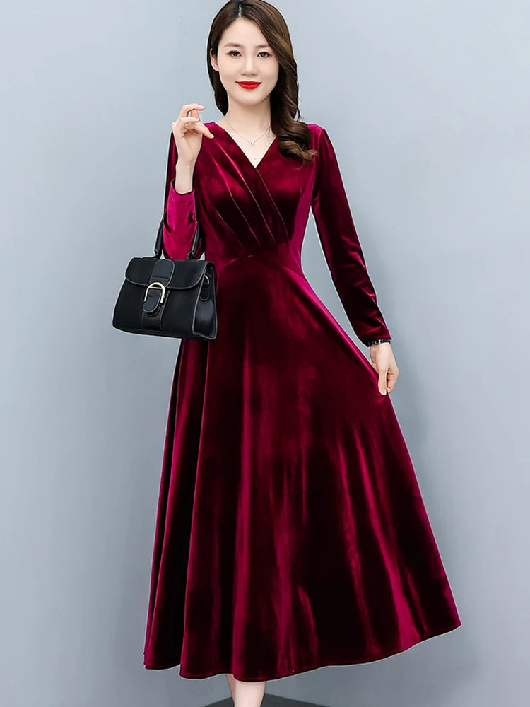 2024 Vintage Long Sleeve Women Sexy Midi Dresses Autumn Winter Velvet Thick Warm Dress Elegant Bodycon Party Night Maxi Vestidos