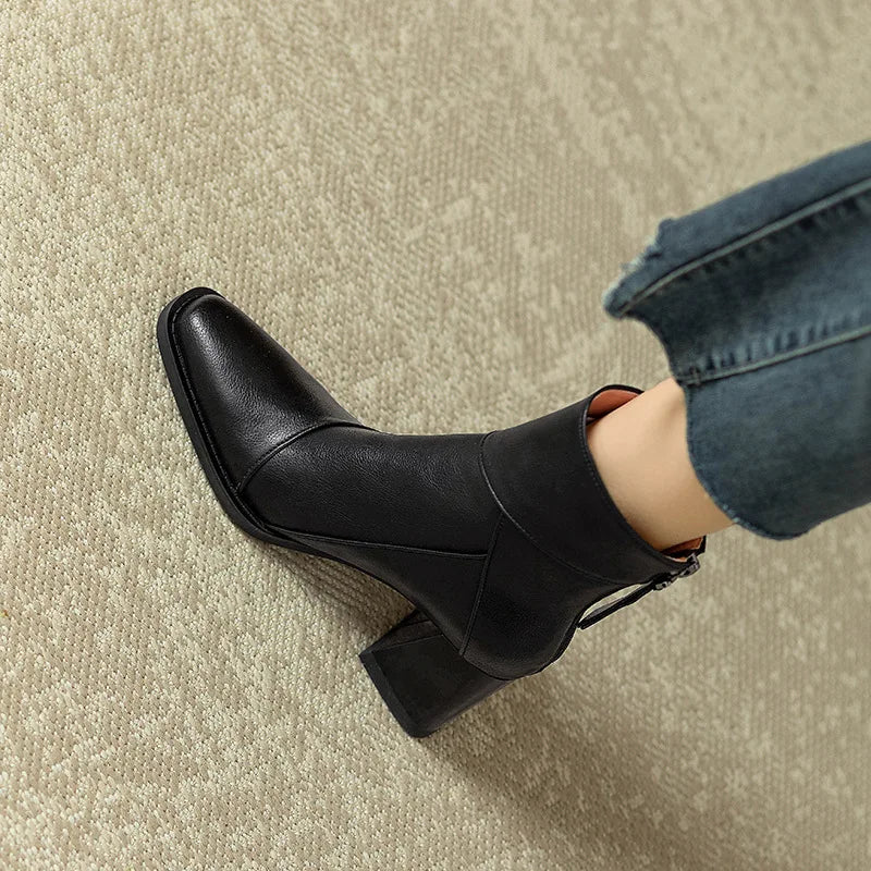 Women's Square Heel Ankle Boots Rear Zipper Retro Brown Soft Leather Short Boot Square Head Casual Sewing High Heel Women Shoes
