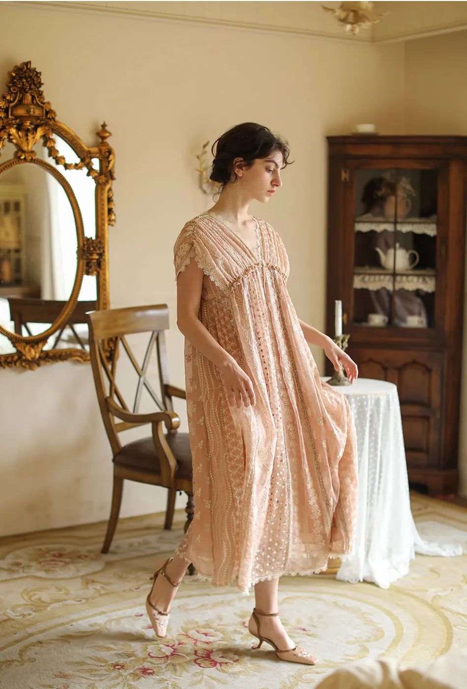 AIGYPTOS Spring Summer Women Pink Dress Vintage Elegant Slim Lace V-Neck Shiny Sequines Luxury Embroidery Party Birthday Dress