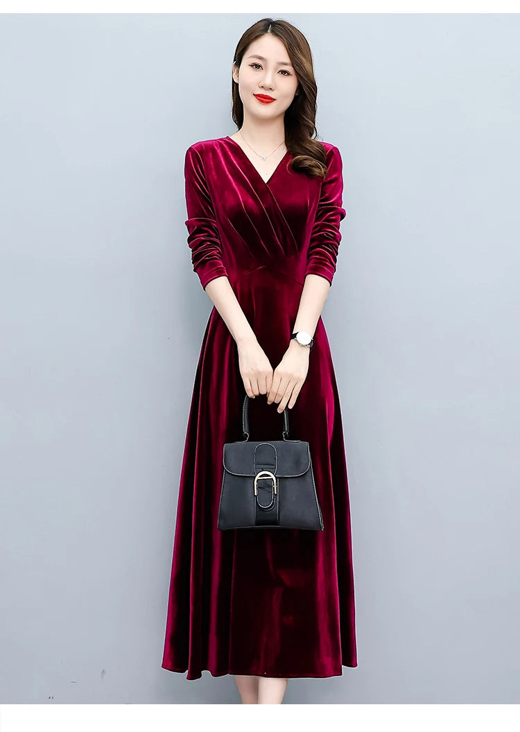 2024 Vintage Long Sleeve Women Sexy Midi Dresses Autumn Winter Velvet Thick Warm Dress Elegant Bodycon Party Night Maxi Vestidos
