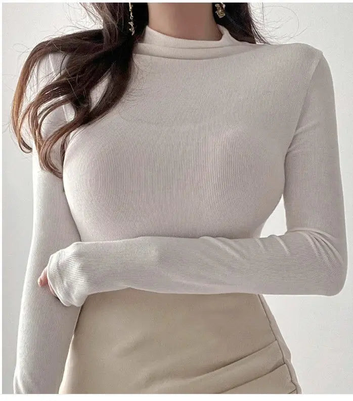 Autumn Woman Half Turtleneck Basic Solid Slim Fit Tee Female Bottoming Shirt Ladies Fashion Long Sleeve Tops Undershirt G159