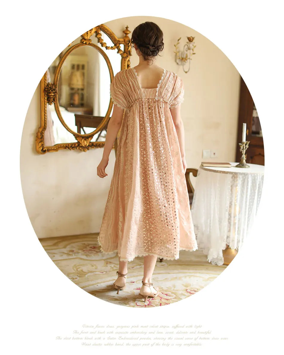 AIGYPTOS Spring Summer Women Pink Dress Vintage Elegant Slim Lace V-Neck Shiny Sequines Luxury Embroidery Party Birthday Dress