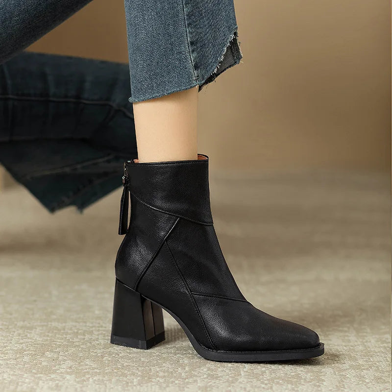 Women's Square Heel Ankle Boots Rear Zipper Retro Brown Soft Leather Short Boot Square Head Casual Sewing High Heel Women Shoes