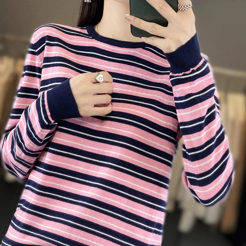Autumn and Winter New 100% Cotton Striped Knitted Women's Round Neck Pullover Casual Fashion Sweater Loose Soft Women's Top