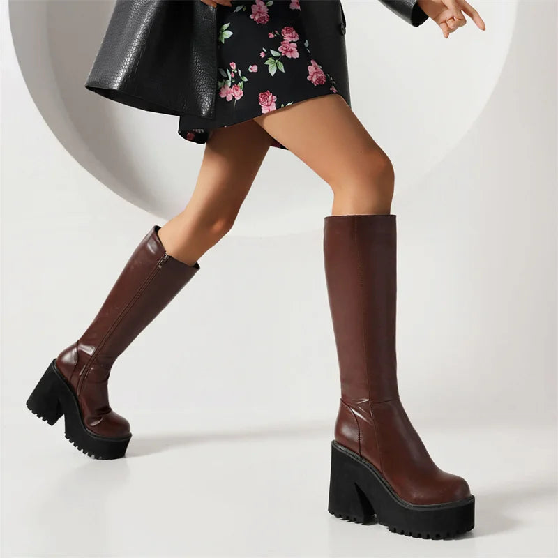 YMECHIC Fashion Popular Style Platform Wedges Knee High Boots for Lady Zip Punk Chunky Botas Goth Gothic Brand Shoes Women 2022