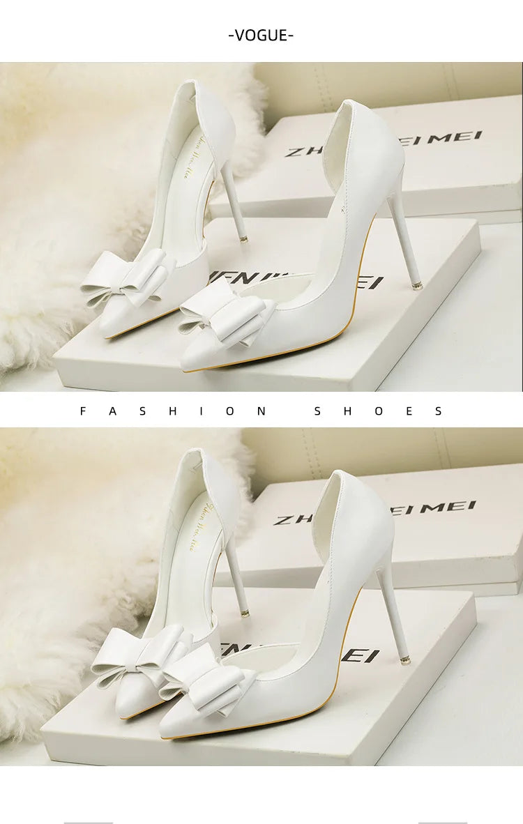 Korean Style Sweet Bow High Heels, Fashionable And Elegant Slim Heeled Women'S Shoes For The Office, Pointed  Sexy  Ladies Shoes