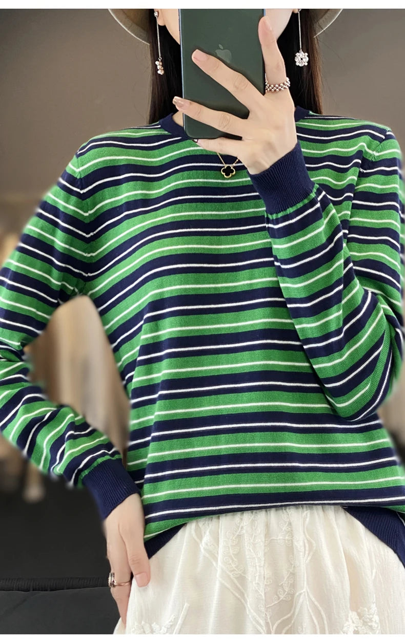 Autumn and Winter New 100% Cotton Striped Knitted Women's Round Neck Pullover Casual Fashion Sweater Loose Soft Women's Top