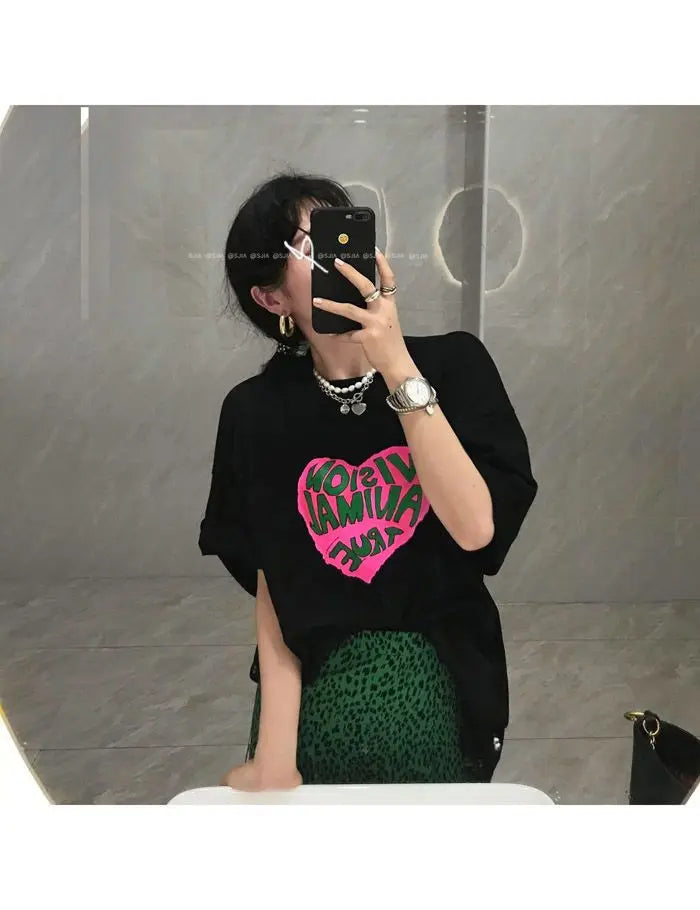 2023 Summer Loose Letters Girls Short-sleeved T-shirt Retro High-waisted Leopard Print Half-body Skirt Suit Two-piece Female Y2K