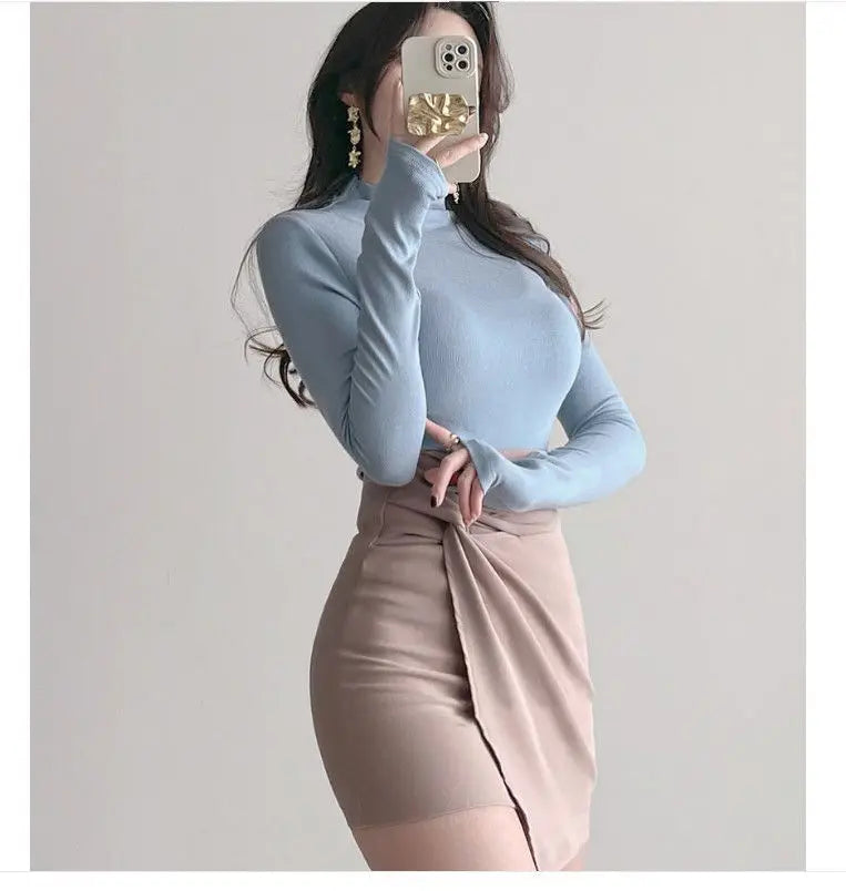 Autumn Woman Half Turtleneck Basic Solid Slim Fit Tee Female Bottoming Shirt Ladies Fashion Long Sleeve Tops Undershirt G159