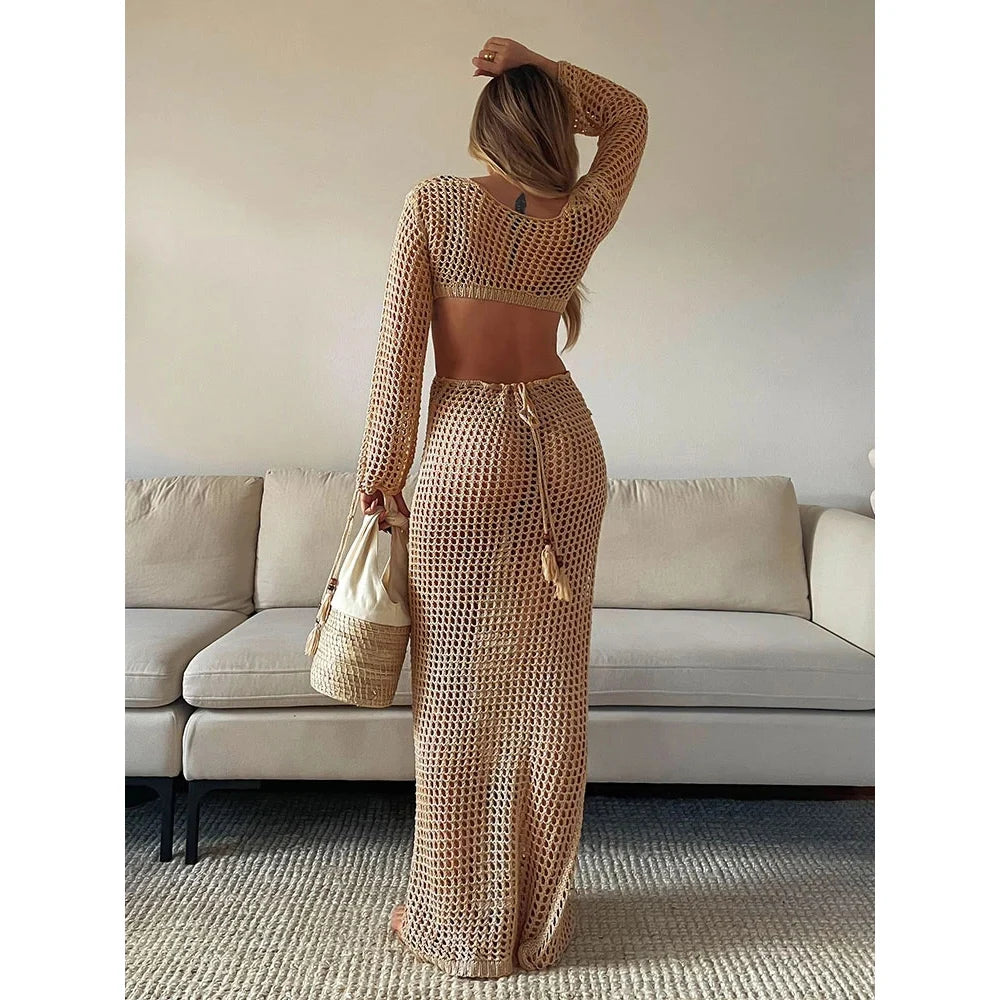 2024 Kintted Cover Up Beach Sexy See Through Maxi Slit Bodycon Hollow Out Summer Dress Bikinis Cover-ups Elegant Beachdress