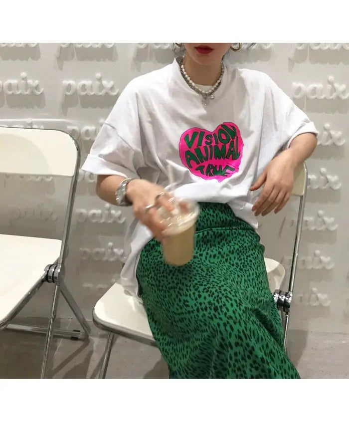 2023 Summer Loose Letters Girls Short-sleeved T-shirt Retro High-waisted Leopard Print Half-body Skirt Suit Two-piece Female Y2K