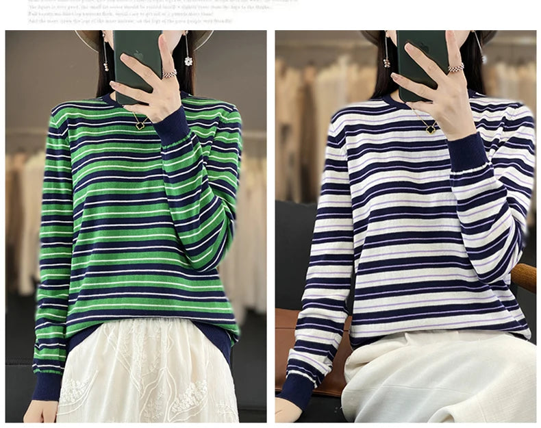 Autumn and Winter New 100% Cotton Striped Knitted Women's Round Neck Pullover Casual Fashion Sweater Loose Soft Women's Top