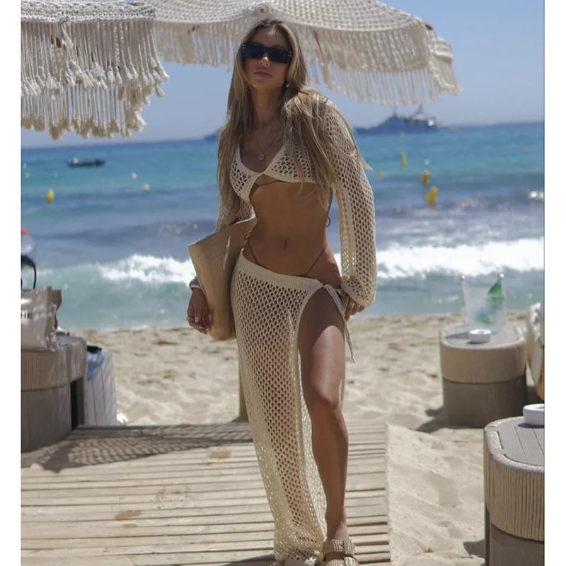 2024 Cover-ups Knitted Sexy See Through Bikinis Beach Cover Summer Long Sleeve Top Mesh Skirt Two-piece Set Hollow Out Dress